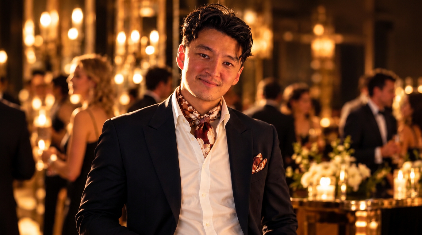 Man i mörk kostym med en brun scarf i modal satin med inslag av vinrött och matchande bröstnäsduk, leende på en varmt upplyst kvällsgala