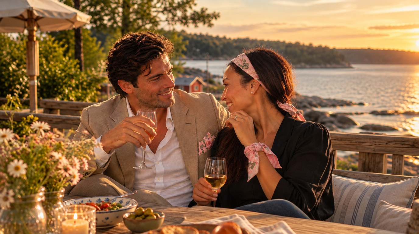 Par vid ett bord vid havet i solnedgången som skålar i vitt vin – mannen i beige linnekostym med rosa blommig bröstnäsduk, kvinnan med rosa blommig scarf i modal satin i håret och om handleden