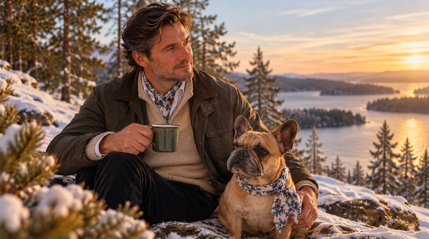 Man och hans fransk bulldogg, båda med scarfar i modal satin, i en varm stund på ett snöigt berg med utsikt över havet i solnedgången
